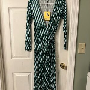 Diane Von Furstenberg Teal and Black Long Sleeve Wrap Dress